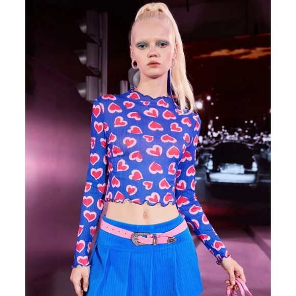 Heart Print Mesh Long Sleeve Top Blue Red Valentines Day Top Sizes S-L Available - Picture 4 of 8